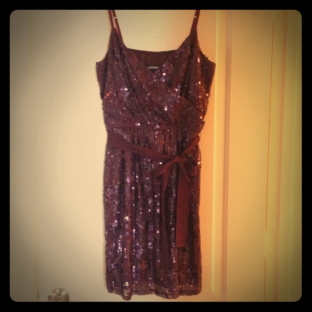 Express Purple Sequin Spaghetti Strap Mini Dress